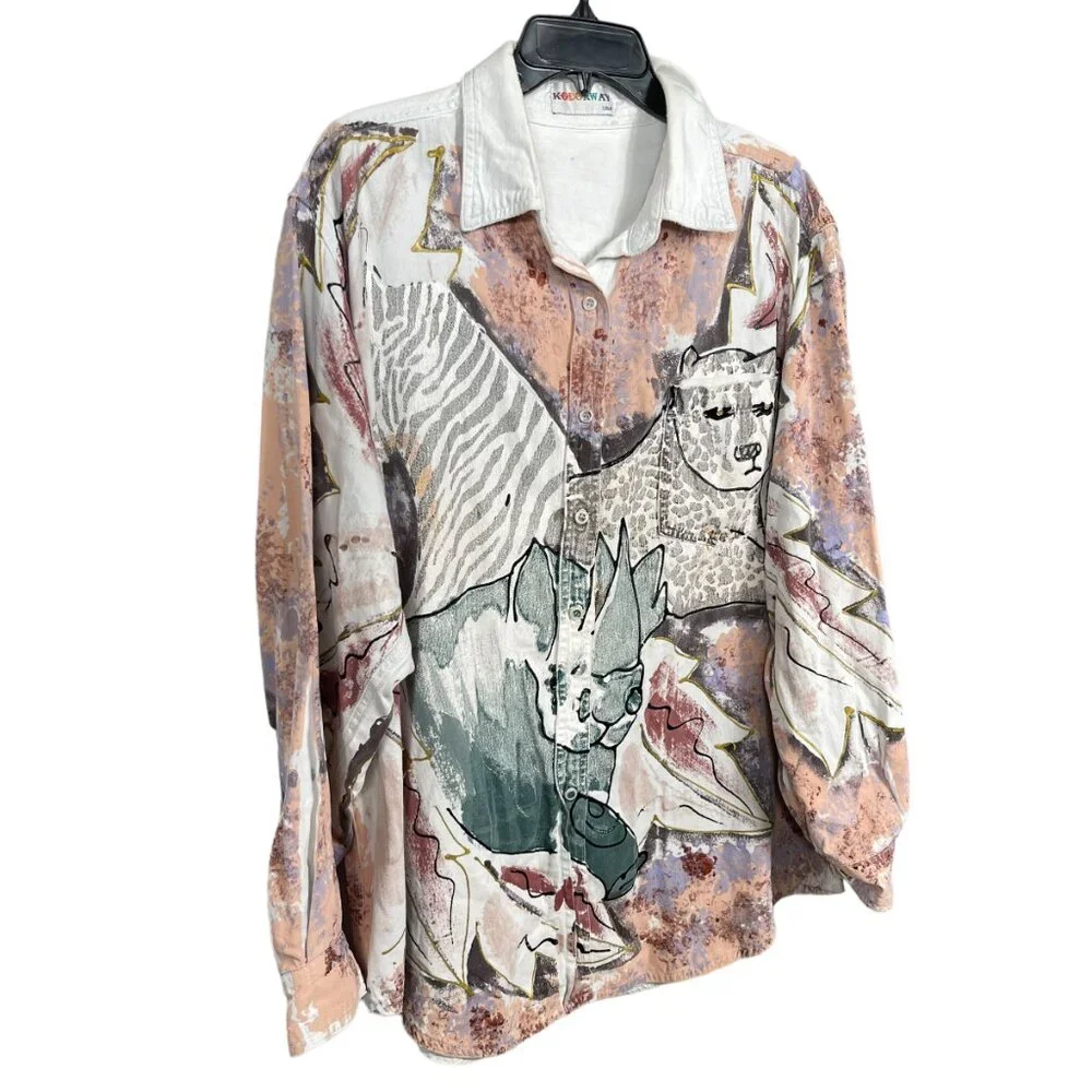 Vintage Kolorway USA Denim Button Up Shirt Womens Large Hand Painted Art to Wear - Picture 4 of 14